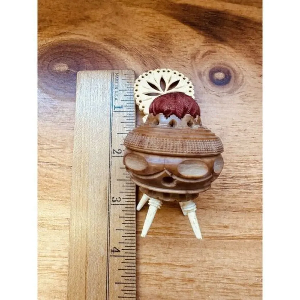 Antique Victorian‎ Carved Tagua Nut Coquilla Nut Mini Chair Red Pin Cushion